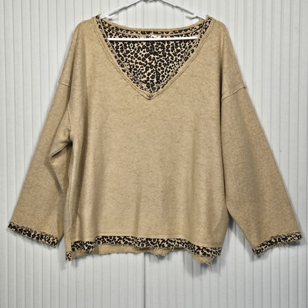POL Tan Leopard Trim V-Neck Sweater